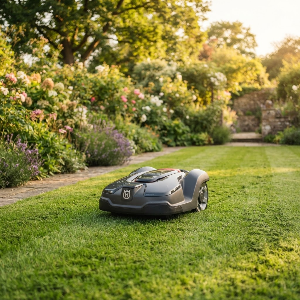 Robotic lawn mower on a sunny lawn